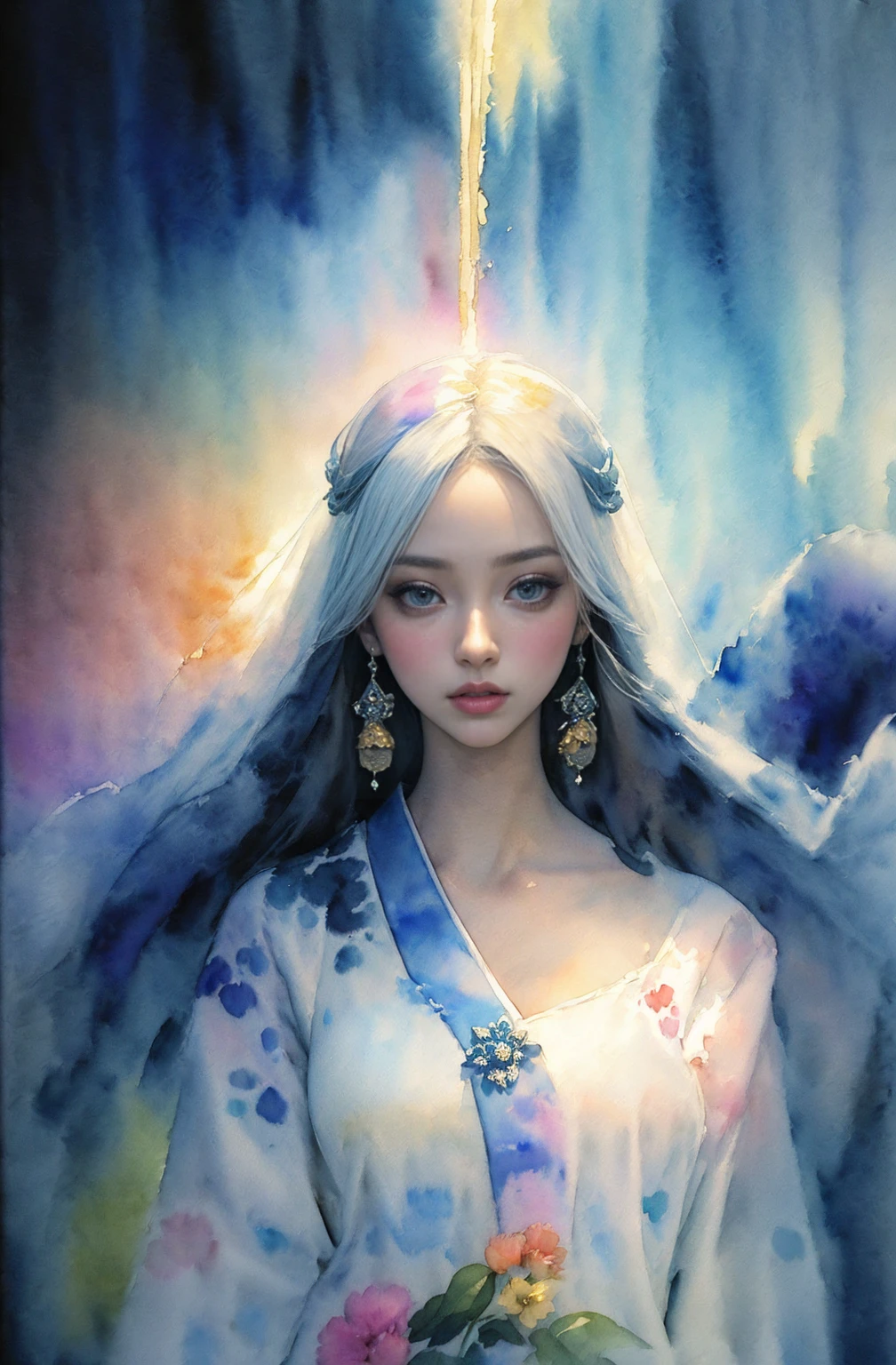 (Tabletop, Highest qualityの, Highest quality, Official Art, (beautifully、aesthetic:1.4), (Watercolor:1.4) ), (Izanami 1.5), 日本のgod話の女god, Majestic beauty, 創造の女god、生命の女god、Typically、((((Typically))))、Reincarnation Support, god&#39;Grace, Gentle and meditative expressions, Flowing, celestial garments, Shine、Created all the landscapes and worlds on Earth, A dazzling dance of light, Whispers of Ancient Legends