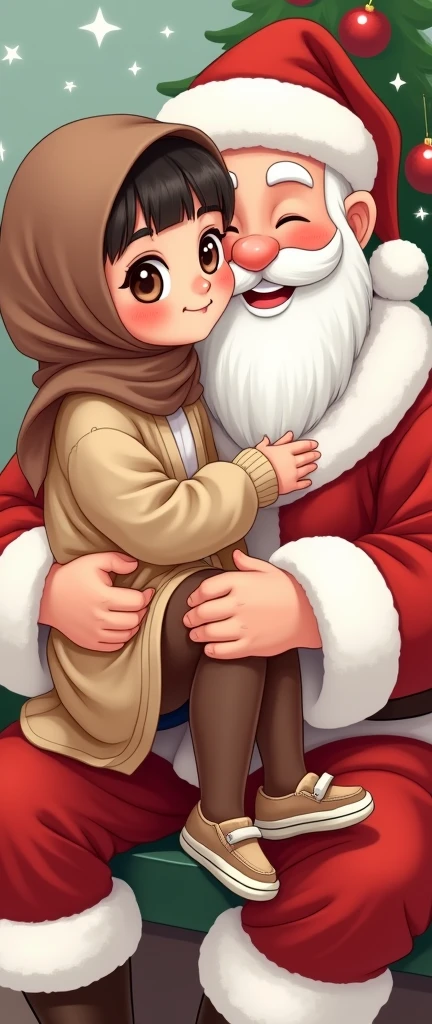 Cartoon with text:
(masterpiece, best quality, 4k, expressive eyes, perfect face, 2d style, flat style, hand drawn, perfect Illustration), Cute and adorable face, big detailed eyes,, Cute little cartoon girl, with brown hijab on, bangs, wearing oversized beige cardigan, white shirt, brown skirt, ((brown socks, long socks)), sneakers, on Santa's lap, santa kissing her cheek and rubbing her legs