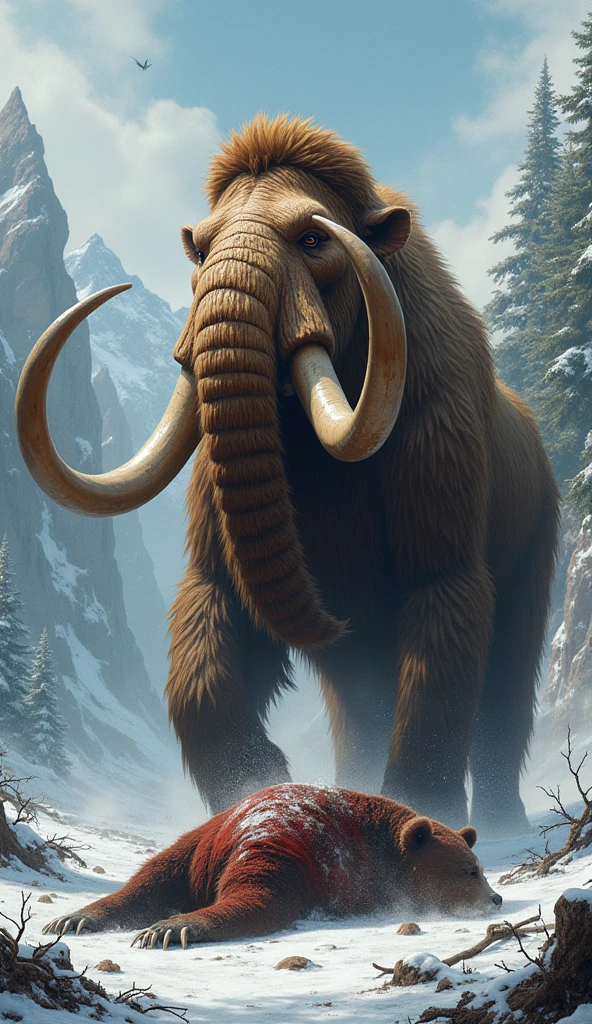 Mammouth standing on a dead bear that it fought