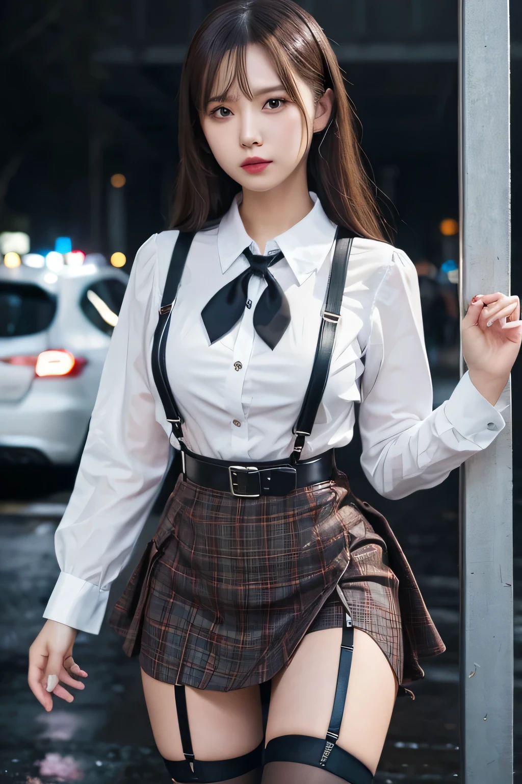belt, hands behind back, sweating, suspenders, black skirt, garter belt, large breasts, see-through clothing, rain, detective, office worker, white button-up shirt, (best quality,4K,8k,highres,masterpiece:1.2),ultra-detailed,(realistic,photorealistic,photo-realistic:1.37),hyper- detailed face and body, Slender suspenders Nipples holster chain Armament criminal Female criminal Garter belt on the thigh Knee-highソックス Knee-high Checked fabric skirt
