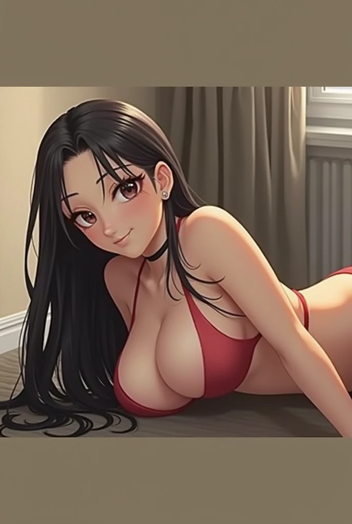 Girl long black hair,big breasts, lying down