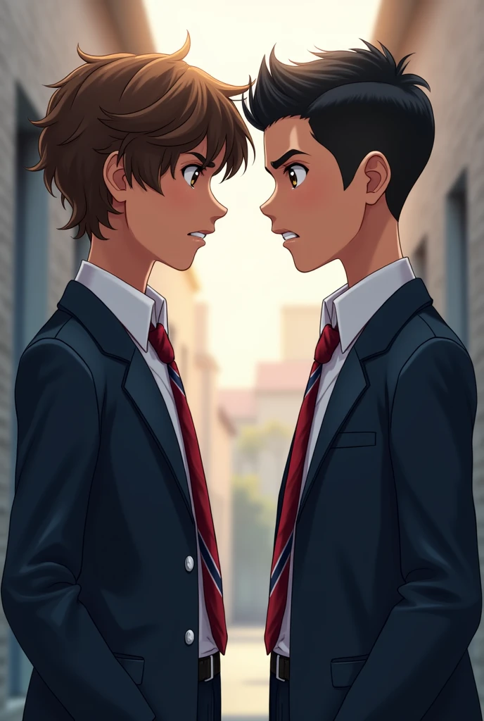 image of 2 boys in their school uniform white long sleeves with red and blue striped neck tie and dark blue blazer. one on the right has short gelled up black hair, brown eye, chiseled jaw and diamond shaped face well build, a height of 6'1 feet and has olive skin tone, he's italian-german. the other one on the right has mid length wavy brown hair, hazel eye, soft chiseled heart shape face, a height of 5'10 feet, he's italian and has light olive skin. both of them on side view looking at each other angrily. 