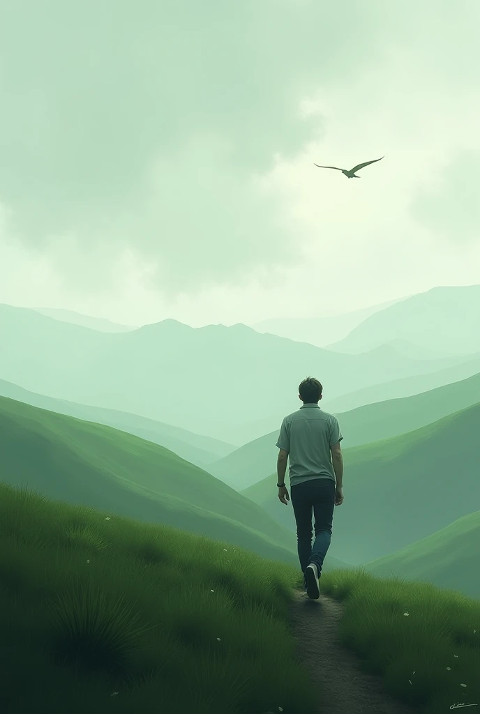 A man can walking in the hill an cloudy weather 
