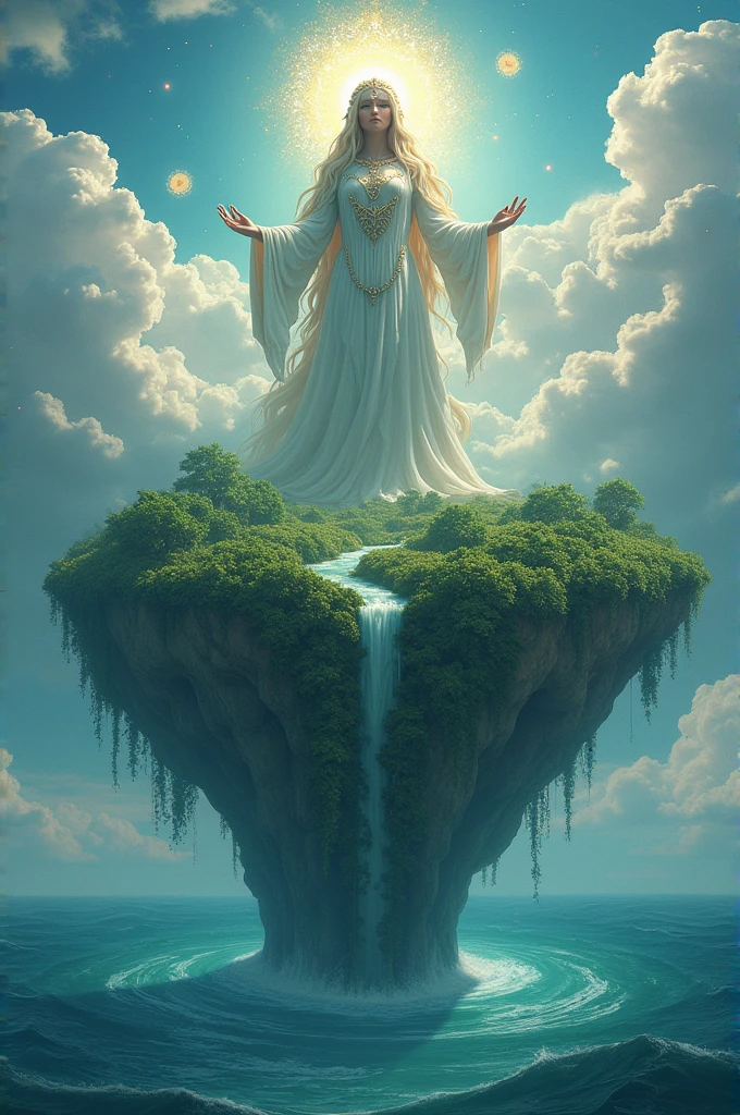 The god Giaa is above the sea, holding up a vast and fertile world.