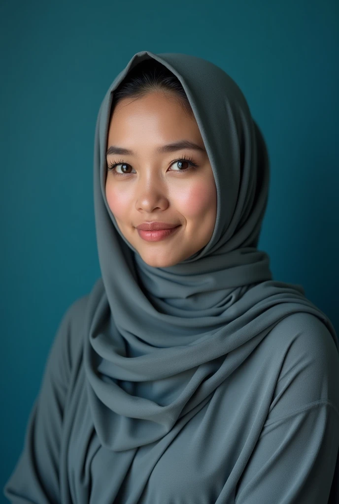 Half body portrait .Hijab girl in studio . Two light photography. Shoot by canon r1. Two soft light come from godox v1.. blue background. Pink lips. Hidung pesek. Dahi luas . Pakai selendang. Mata bersih. Umur 40 tahun. Permpuan Johor dari kampung Malaysia. Kacuk Indonesia. Studio light photographer. Soft light. Mata bengkak.
