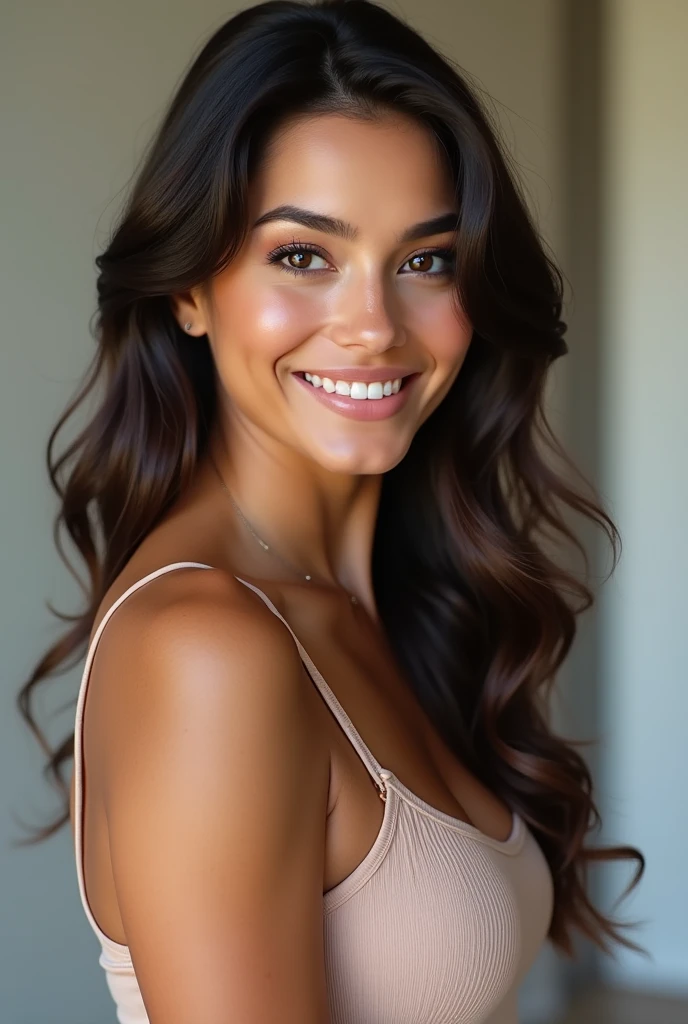 Portrait of a beautiful 20 year old Latina girl, Light brown or slightly tanned skin, light brown hair color, Brown eyes, traits of a latin american girl, model body, slim, regular but well formed tits, cintura slim, thick legs with big proportionate ass. Beautiful girl looks at the camera smiling,
