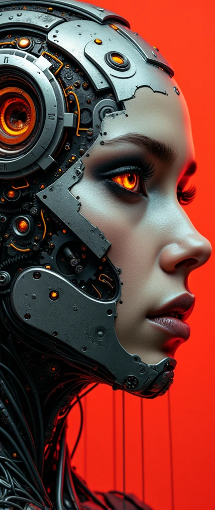 A futuristic cyborg's face fills the frame, split by a metallic-organic dichotomy. Metallic half: gears whirring, wires snaking, mechanical parts clicking. Organic half: black ink tattoos swirl, symbols blend seamlessly into metal. Eyes: cybernetic gold glow on one side, piercing natural intensity on the other. Red-black abstract background complements the face. High contrast emphasizes intricate details: circuitry patterns, shapes, and gears merge in a technological-human fusion.