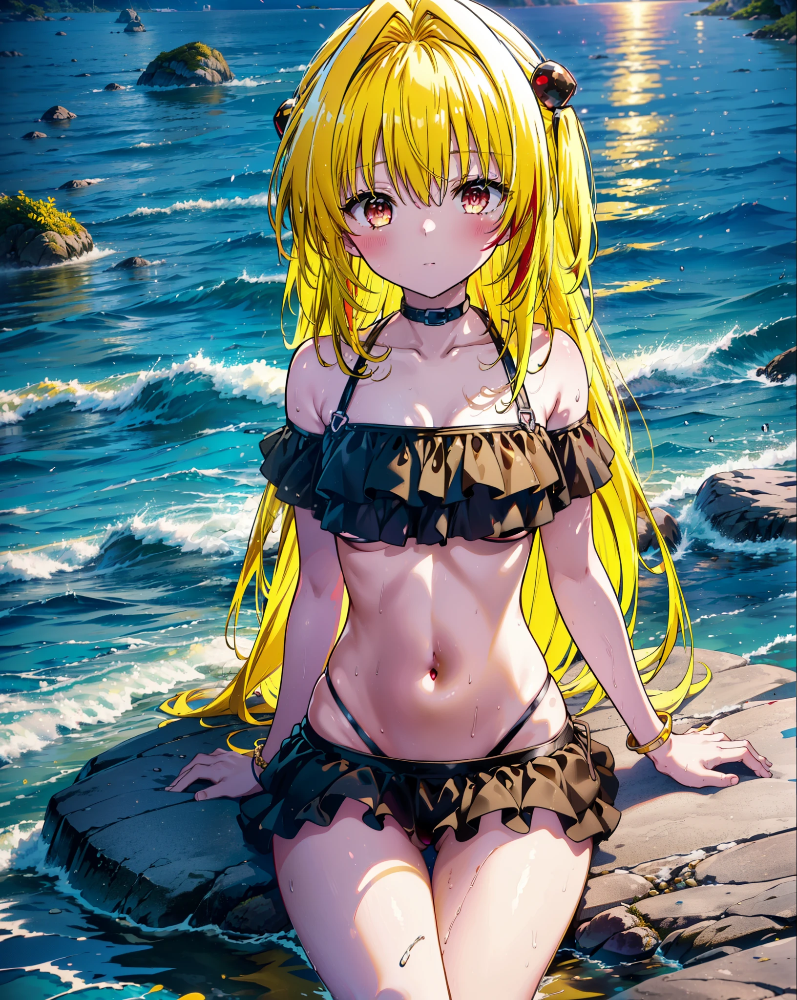 toloverumy, my, (Yellow Hair:1.5), Long Hair, (Red eyes:1.5), (hair ornaments:1.2), Both sides up, Black frilly bikini swimsuit,Wet Hair,Wet swimsuit,Wet Skin,barefoot,Sitting on a big rock,Rocky area,night,moonlight,meteor,whole bodyがイラストに入るように,
break outdoors, Beach,
break looking at viewer, whole body, (Cowboy Shot:1),
break (masterpiece:1.2), Highest quality, High resolution, unity 8k wallpaper, (figure:0.8), (Beautiful attention to detail:1.6), Highly detailed face, Perfect lighting, Highly detailed CG, (Perfect hands, Perfect Anatomy),