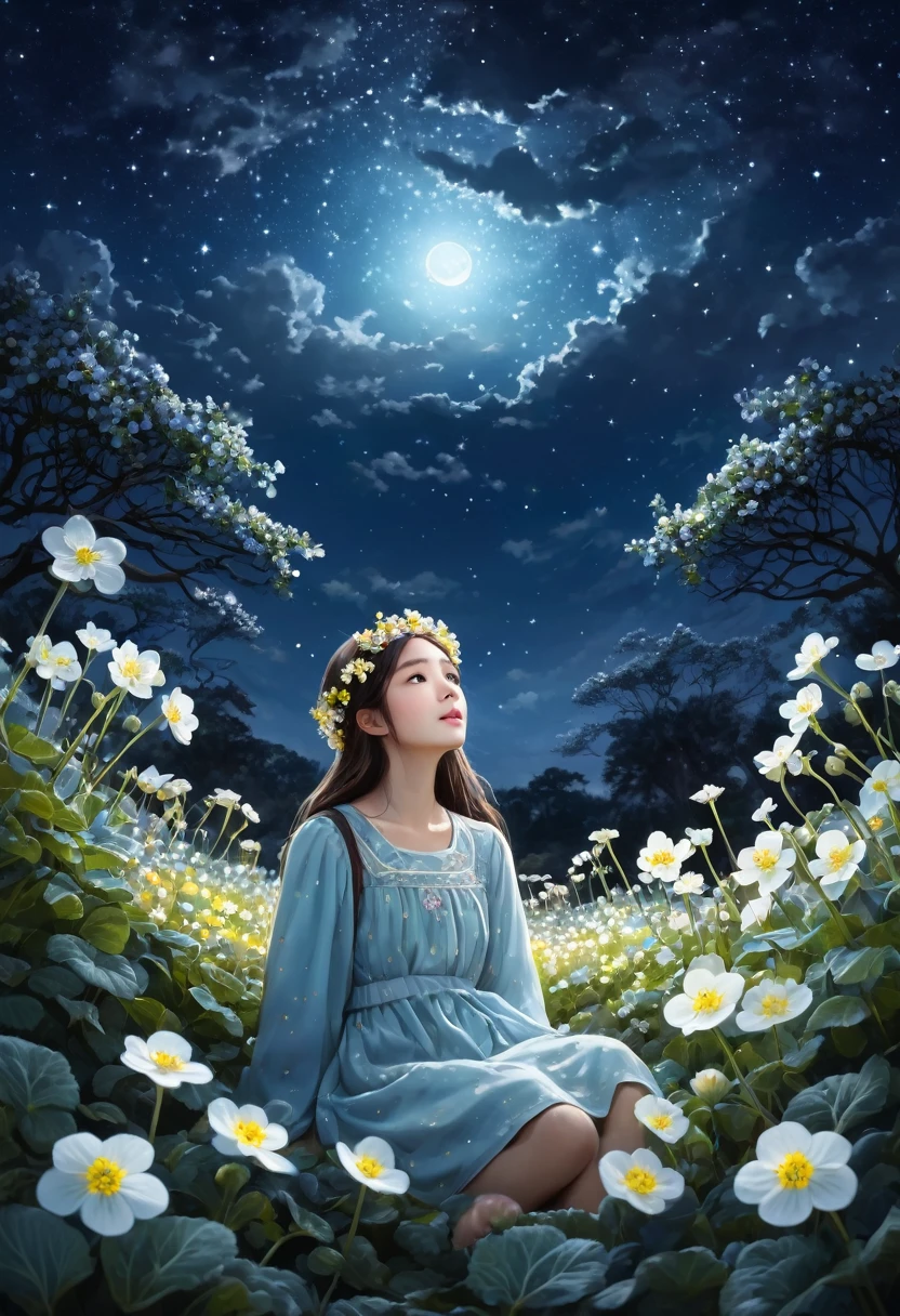 In the moonlight、A girl wearing a crown of evening primroses on her head、Looking up at the night sky。A group of evening primroses surround the girl.、A fantastic space spreads out。An illustration、Dreamy atmosphere