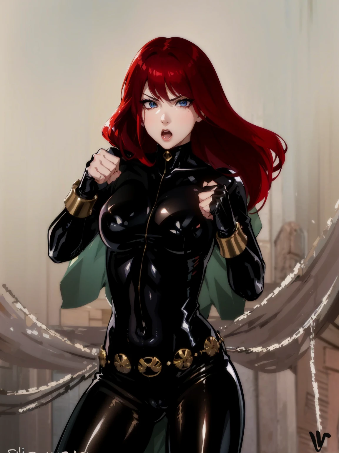 The image is a drawing of a girl with red hair dressed in a sleek skin-tight shiny black latex bodysuit with a silver zipper running down the front. The suit is complemented by her golden wrist guard on both wrists and a golden belt made of shiny circles. She has blue eyes. She stands with a strong posture, hands clenched into fists at her sides, and eyes cast with a determined or fierce gaze. In the background, there are white chains that curve upwards. Her overall stance and the background chains convey a powerful presence and a sense of energy, readiness for action, and possibly a dangerous situation.