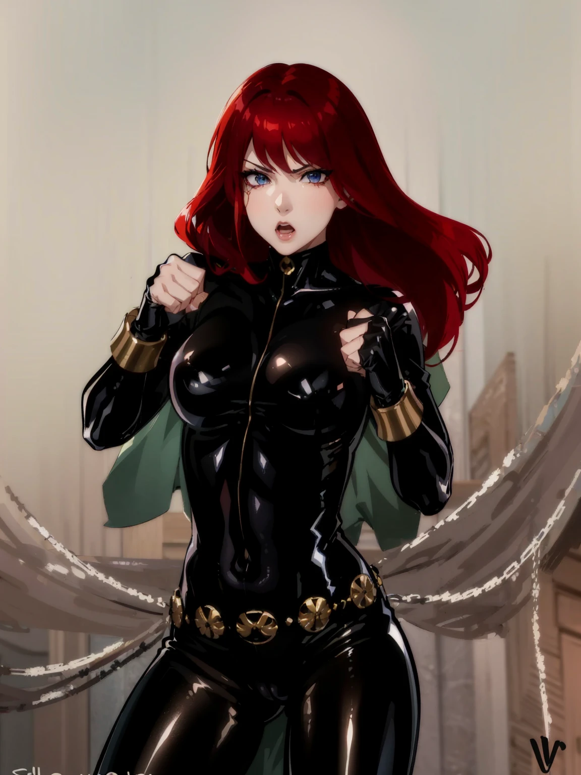 The image is a drawing of a girl with red hair dressed in a sleek skin-tight shiny black latex bodysuit with a silver zipper running down the front. The suit is complemented by her golden wrist guard on both wrists and a golden belt made of shiny circles. She has blue eyes. She stands with a strong posture, hands clenched into fists at her sides, and eyes cast with a determined or fierce gaze. In the background, there are white chains that curve upwards. Her overall stance and the background chains convey a powerful presence and a sense of energy, readiness for action, and possibly a dangerous situation.