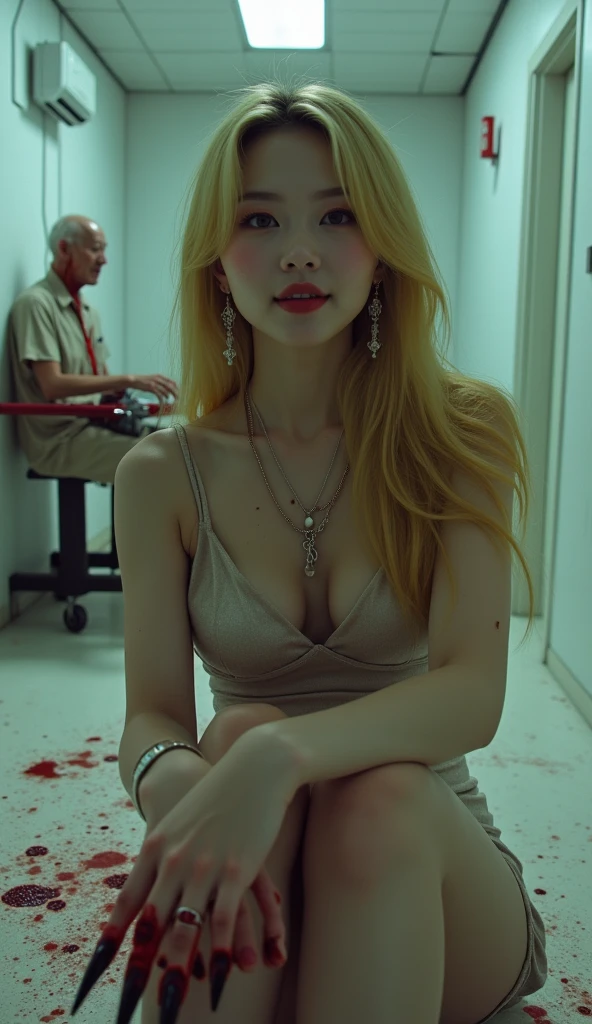 (((photorealistic:1.4))), ultra realistic, pores, (((masterpiece))),high quality, ultra details, realistic white skin beautiful face pretty korean idol adult smilling bloody woman showing very long sharp black fingernails, model, very pretty, vein on hands, wearing sexy outfit, pretty long legs, ring on fingers, long yellow hair, long earrings, big necklace, kissing painful expression of realistic ugly old man tied up on the post with throat ripped, blood splatter everywhere, extreme gore, looking at camera, high post, night, white torture room with torture device on the table