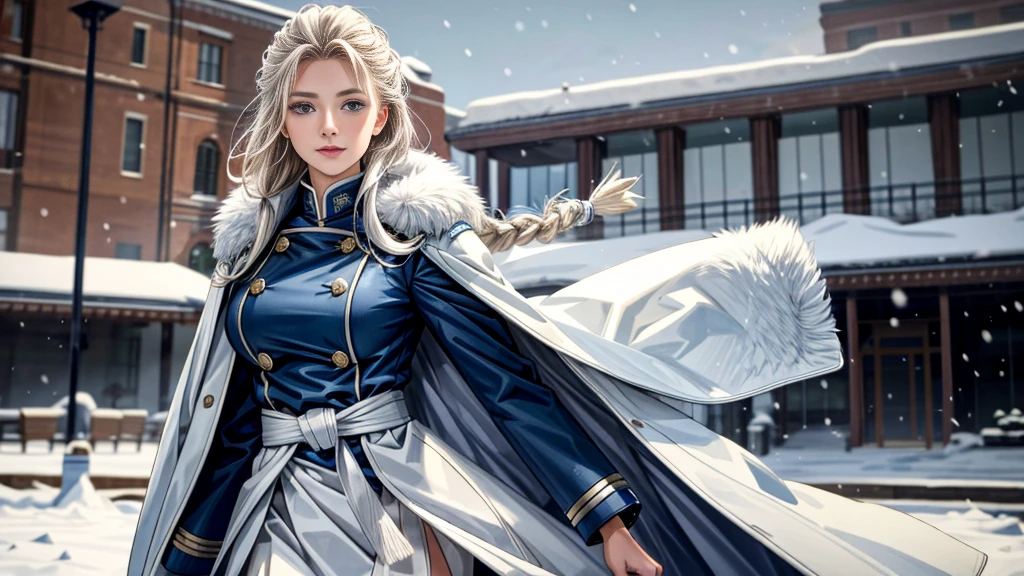 (highest resolution, distinct_image), realistic, Best quality, single person, one girl, solo, masterpiece, highly detailed, realistic, long hair, braided white blond hair, (blue military uniform underneath the coat), depth of field, (falling snow), ((big breasts)), authoritative, dignified, calm and powerful expression, ambient lighting, exquisite facial feature, (fur-trimmed white coat), open coat, short skirt, looking at viewer, head to waist, dynamic angle, light smile, ((from front)), ((quiet and spacious plaza in background))