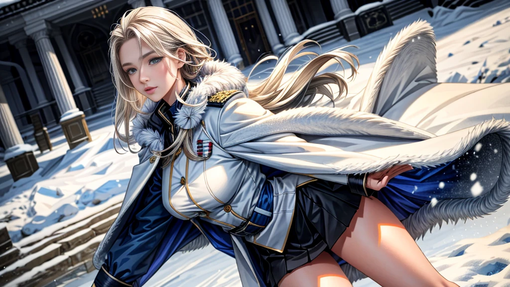 (highest resolution, distinct_image), realistic, Best quality, single person, one girl, solo, masterpiece, highly detailed, realistic, long hair, braided white blond hair, (blue military uniform underneath the coat), depth of field, (falling snow), ((big breasts)), authoritative, dignified, calm and powerful expression, ambient lighting, exquisite facial feature, (fur-trimmed white coat), open coat, short skirt, looking at viewer, head to waist, dynamic angle, light smile, ((from front)), ((quiet and spacious plaza in background))