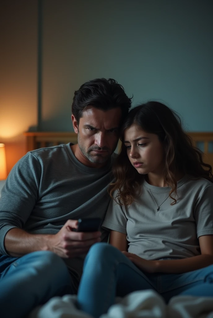 3 Dad and 19 years daughter are sitting on the bed of the room with  mobile in dad hand but dad was anger and daughter was afraid