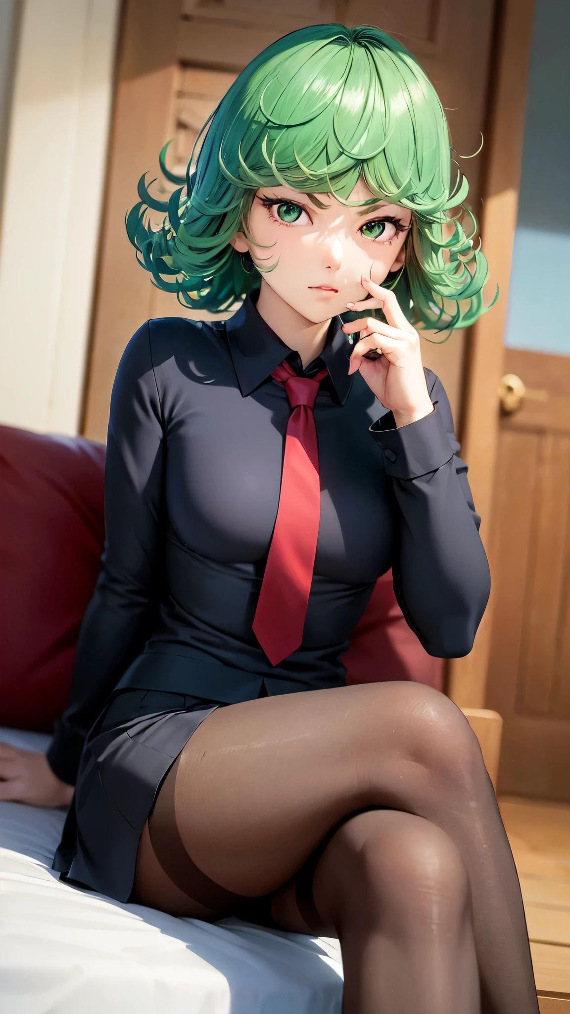 (masterpiece, best quality:1.2), solo, 1girl, tatsumaki, unamused, closed mouth, looking at viewer, hand on own face, sitting, crossed legs, collared shirt, necktie, skirt, pantyhose