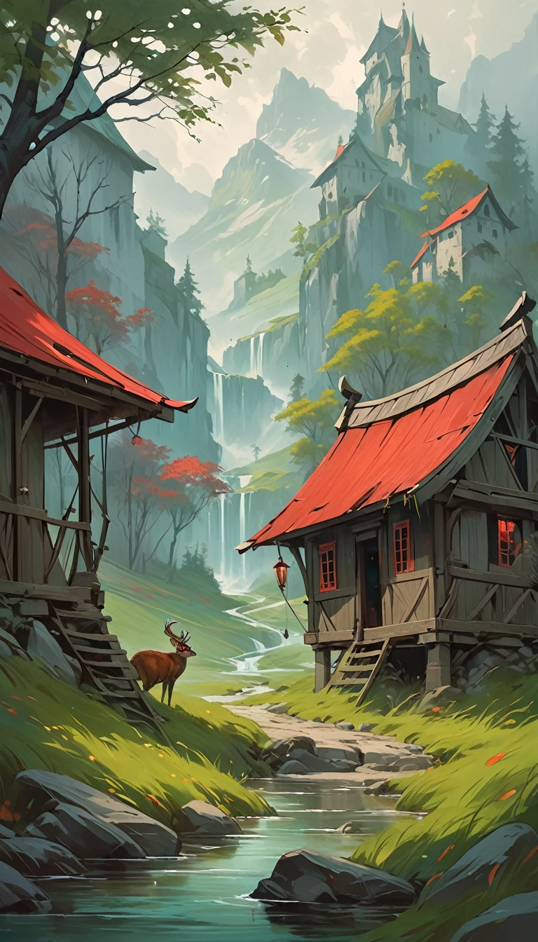 artist by Peter Mohrbacher,inside the village,wild animals,light tones,(smooth strokes),fine sketches,Vivid,Moody,Landscapes,Fantasy,Dark,landscape oil painting, red and green colors