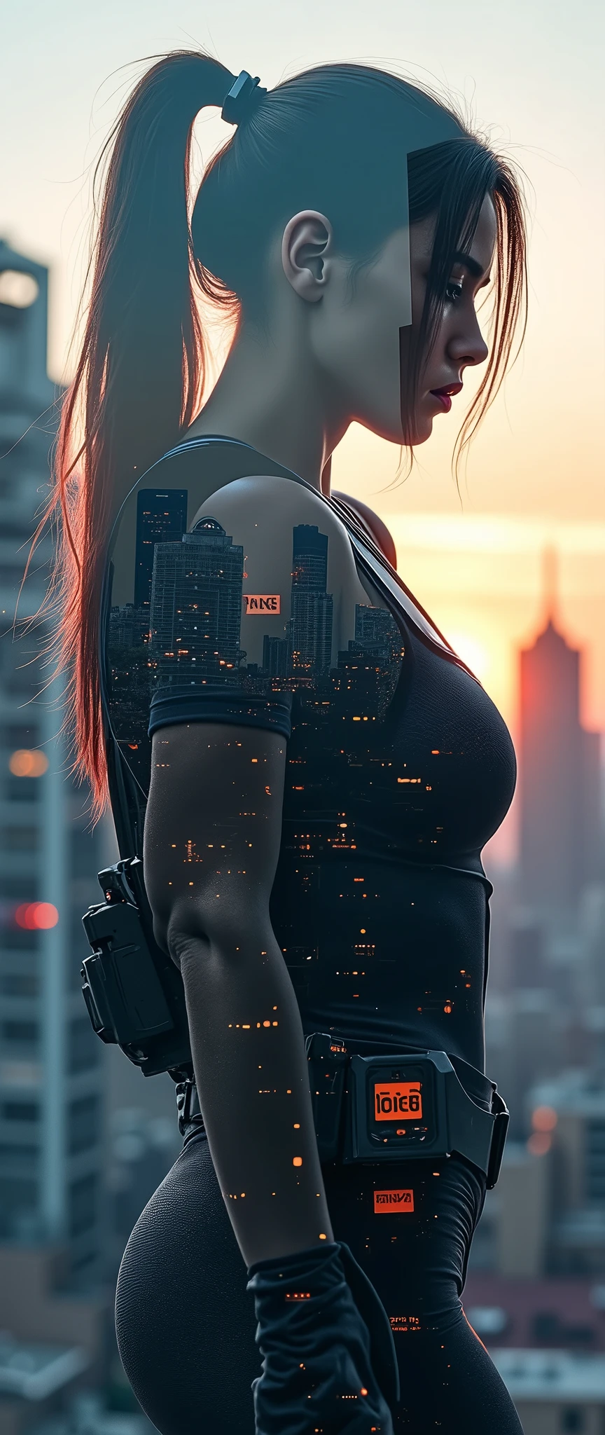 (masterpiece:1.2, Highest quality,Ultra-high resolution,Super detailed),8k,(wallpaper),(A beautiful double exposure combining a futuristic female police officer and a futuristic crime city:2.0),(Female police officers wear futuristic form-fitting tactical armor:2.0),(The background is dusk:2.0),(Create an outline of a female police officer holding a gun high:2.0),Sharp lines,Sharp Focus,Double Exposure,Full Color,(Detailed Female Hands:2.0)
