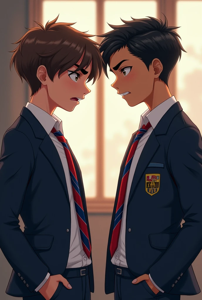 image of 2 boys in their school uniform white long sleeves with red and blue striped neck tie and dark blue blazer. one on the right has short gelled up black hair, brown eye, chiseled jaw and diamond shaped face well build, a height of 6'1 feet and has olive skin tone, he's italian-german. the other one on the right has mid length wavy brown hair, hazel eye, soft chiseled heart shape face, a height of 5'10 feet, he's italian and has light olive skin. both of them on side view looking at each other angrily.