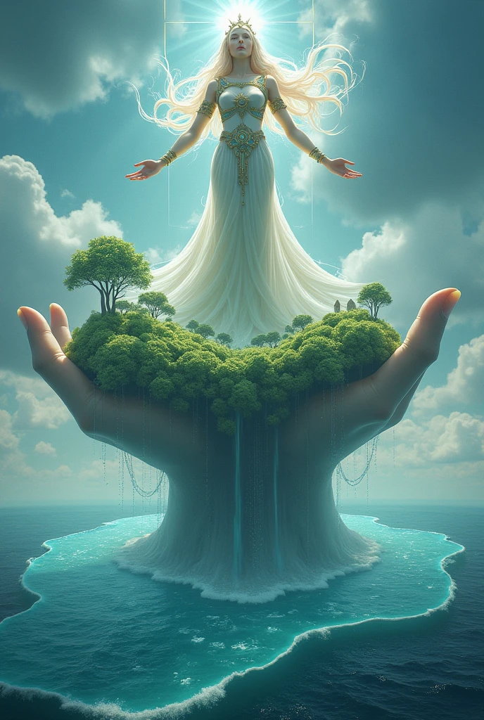 The god Giaa is above the sea, holding up a vast and fertile world.
