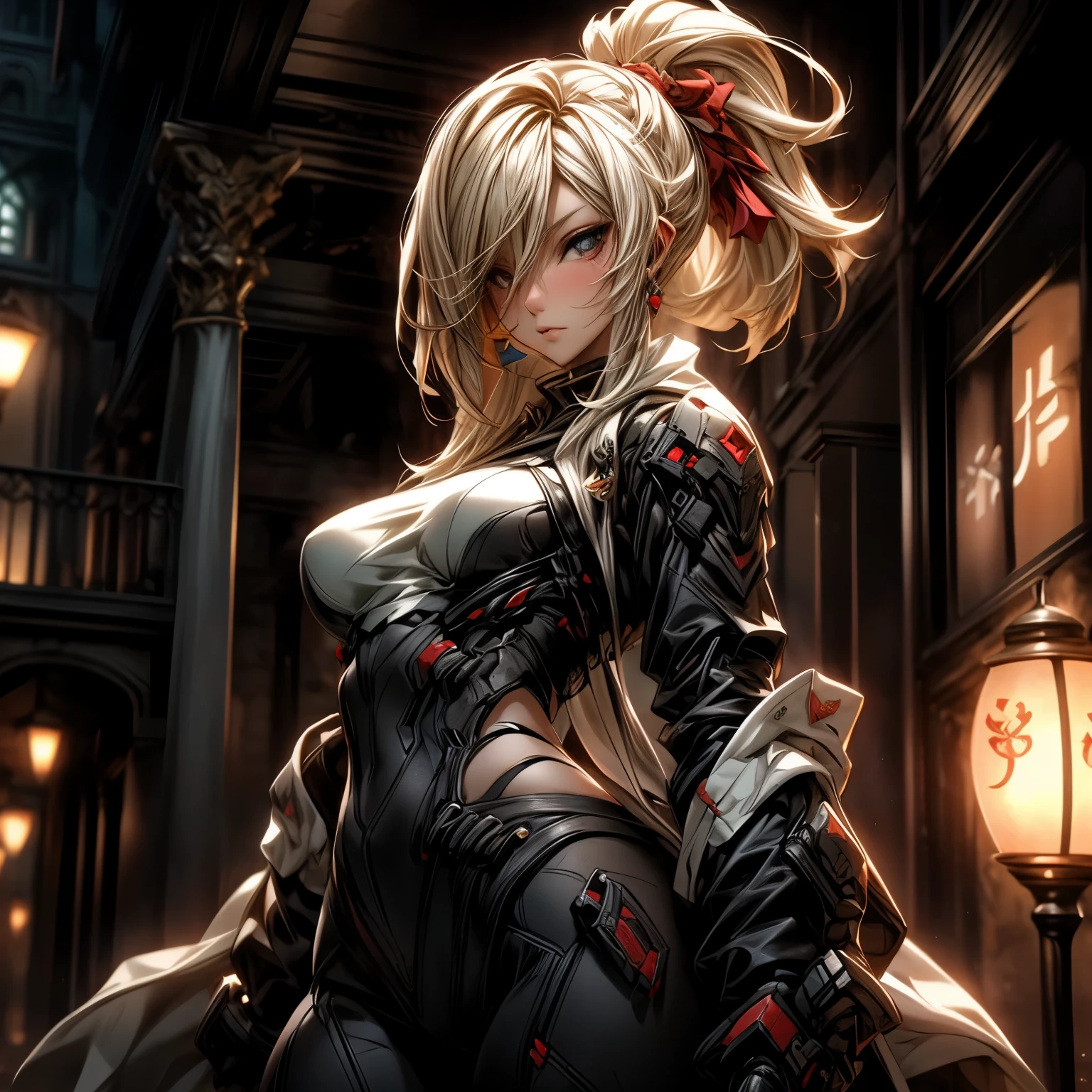 (best quality)), ((Masterpiece)), (details:1.4), 3d, HDR (high dynamic range), an image of a beautiful cyberpunk female, Hips up, Fantasy, Sleek style, Blonde hair, High ponytail, beautiful Red eyes, จมูกโด่ง, ปากแดง, หน้าอกใหญ่, nvidia RTX, PBR surface, After processing, Anisotropic filtration,depth of field, Maximum clarity and clarity, multi-layered surface, Subsurface scattering, perfect proportions, 8K raw files, ultra detailed, Perfect proportions, volumetric lighting, soft lighting, Holy Templar, Heavy Red Armor, glossy skin, Castle background, jewely, ต่างหู, นิ้วมือสมบูรณ์,