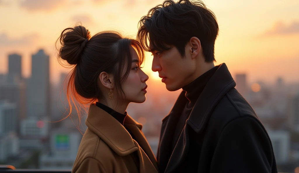 a beautiful japanese woman with messy bun highlighted brown hair, wearing tan coat, turtle neck inner top singing with a handsome japanese man wearing void black coat, turtle neck inner top, in the roof top standing face to face like singing in duet, particles and nice lighting, UHD, HDR, 8k, Masterpiece, close up, realistic, hyper realisitc, over shoulder shot, distance between them is 3 meters away