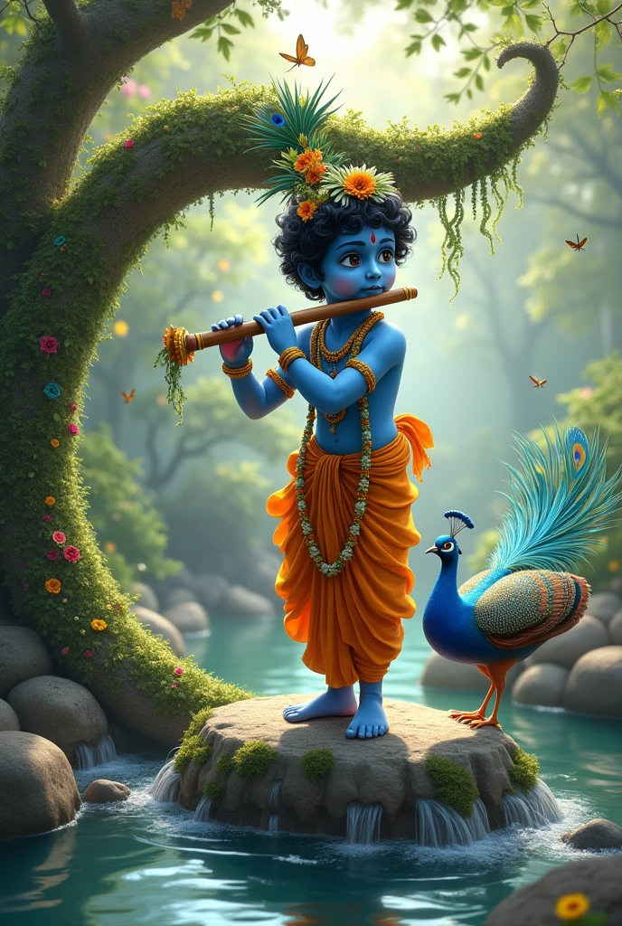 Create a serene, ethereal scene featuring a young Lord Krishna playing the flute and standing on Alfabet. He is depicted as a with dark blue skin, wearing traditional attire in shades of blue and orange, adorned with a peacock feather on his head. He stands on a rock, surrounded by flowing water and lush greenery, with vines and flowers cascading from a large, moss-covered letter 'MANORMA' in the background not bulerd. A vibrant peacock with its feathers spread out gracefully complements the scene. The environment is peaceful, with soft light, fluttering butterflies, and an overall divine ambiance