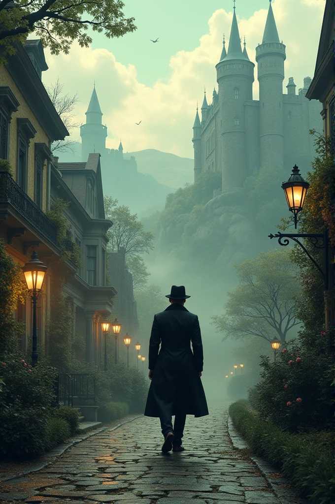 Generate a photo there is a dual slide world and with one is a Victorian era world and the other one is medieval fantasy world and in the center is a man with Victorian era suit while Crossing to the another world 