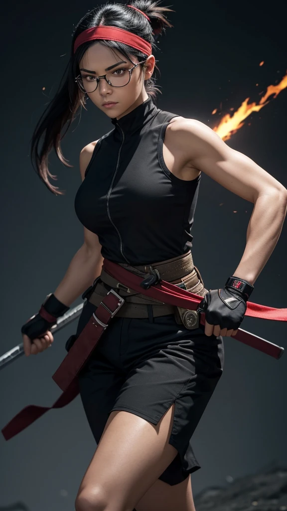 A realistic portrayal of a young female ninja, around , with an athletic build and a confident, determined expression. She has light skin and short, slightly wavy black hair that reaches her chin. One of her eyes is black, and the other glows bright red, hinting at a special power. She wears a ninja headband with her village's symbol on the metal plate and red rectangular glasses, giving her an intelligent, agile look. She is dressed in a sleeveless dark red shirt, black shorts, and black ninja sandals. Her hands are covered by combat gloves that extend to her forearms, and white bandages are wrapped around her legs. She carries a weapons pouch attached to her belt. The scene captures her in a confident stance, with a faint aura of energy radiating from her, indicating her inner strength and readiness for action. The background is a minimalist setting, focusing on the character’s presence and power