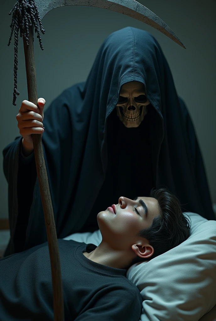 Young man sleeping in a room、Before the young man stands the strongest Grim Reaper、Holding a soul-sucking scythe、Realistic texture、Realistic images、Very detailed