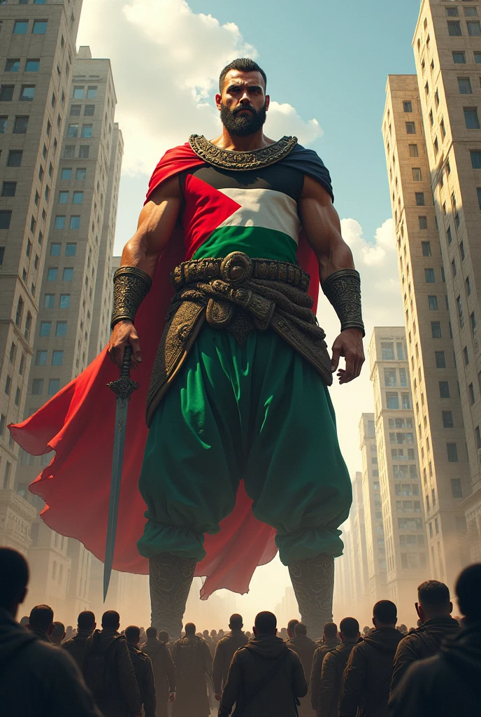 a Big Palestinian man is standing in a city with sword , he is high than big  building and he looking his body and holding Palestinian plag by his hand, his dress is maked by Palestinian plag and a lot of Israeli little man is under his leg