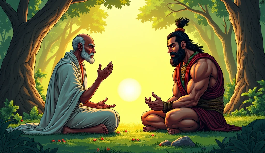 Sage Bhaskar listening intently: Create an image of Sage Bhaskar listening carefully to Arav( a strong fighter), with a calm, wise expression. The setting should be the same peaceful forest, with vibrant green colors and warm lighting. In comic style