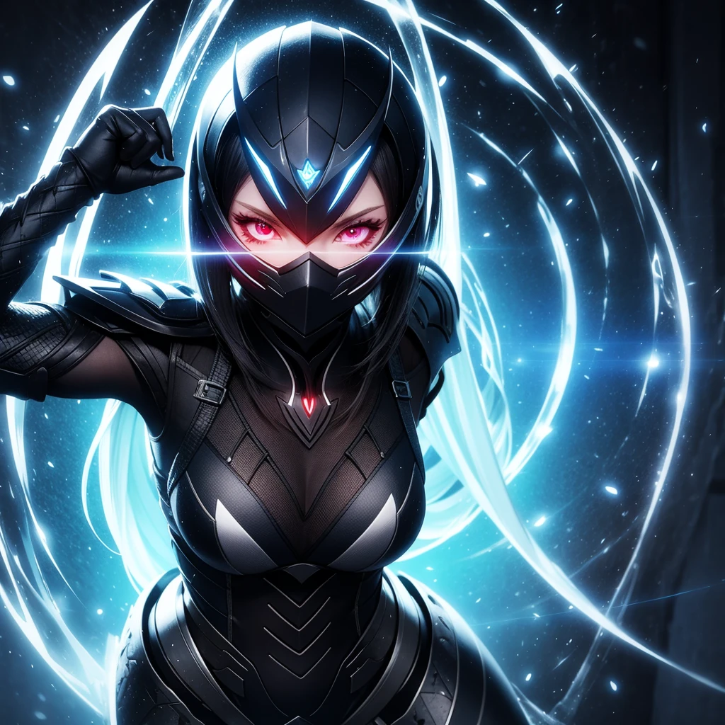 Beauty ninja girl in detailed clothe and armor, bright glowing eyes