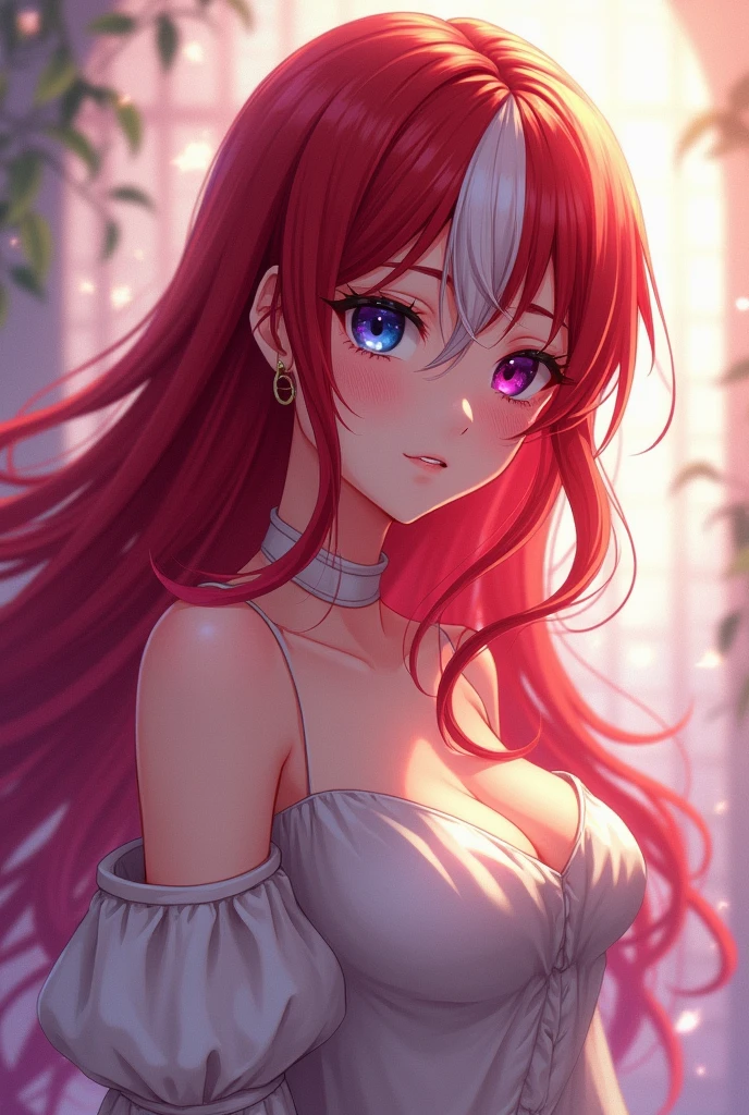 Long red hair with a white lock , One eye is blue and the other eye is purple., beautiful medium busts. anime