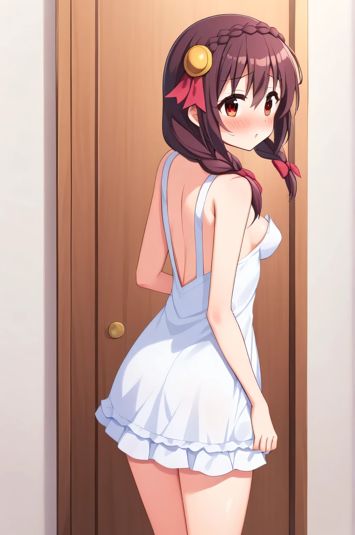 alone, One person, Yunyun, ♥、 (blush:1.5)、Crown braids of the same color as your hair、hair ornaments, Hair Ribbon, Pink tie, White dress, Fitting room with mirror、Embarrassed look、Standing、Slightly larger breasts、Looking back