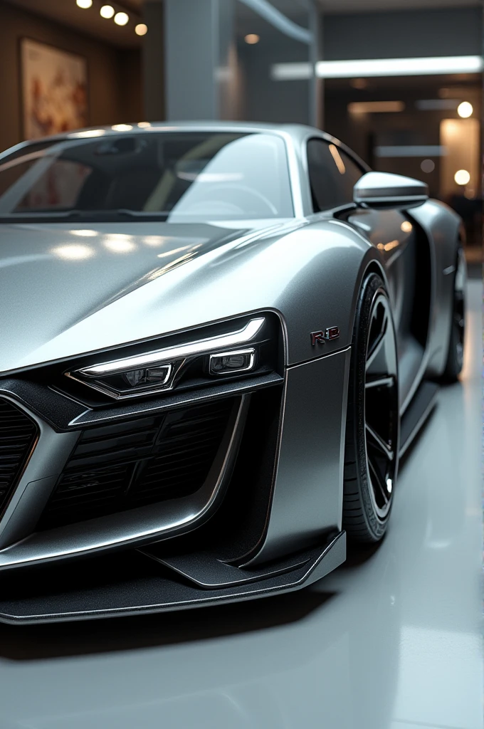 Imagine futuristic Audi r8 crossed with vintage in showroom  detailed pic with best quality 2:3 ratio