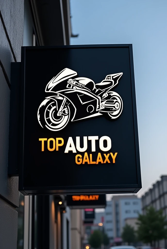 Make a sign board for my shop. The name is TOP AUTO GALAXY. The board should be black rafted ACP board and font should be white. This is an automotive spare parts shop so make a logo using mask of a super bike within these words only.