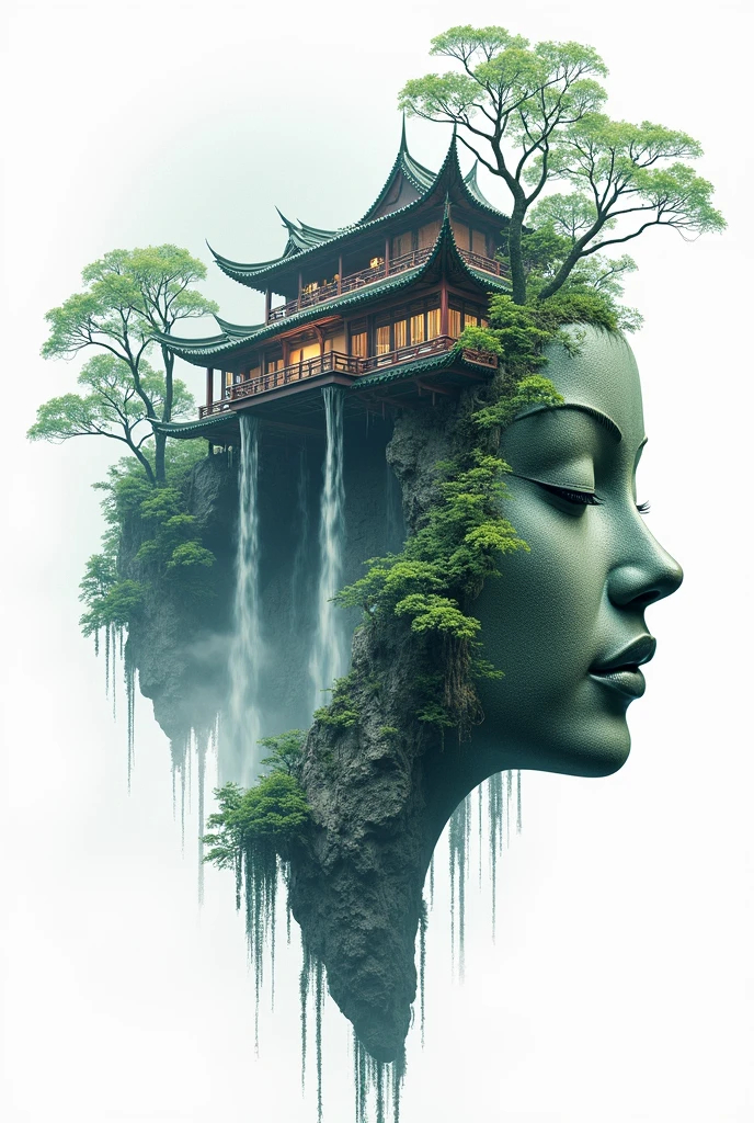 A house in the style of Chinese architecture is suspended in the air, surrounded by green trees and misty waterfalls. The double exposure technique was used to create a surreal scene with reflections on a white background. This illustration symbolizes the tranquility and harmony of nature, creating an atmosphere that gives people a sense of peace. The focus is on the face.