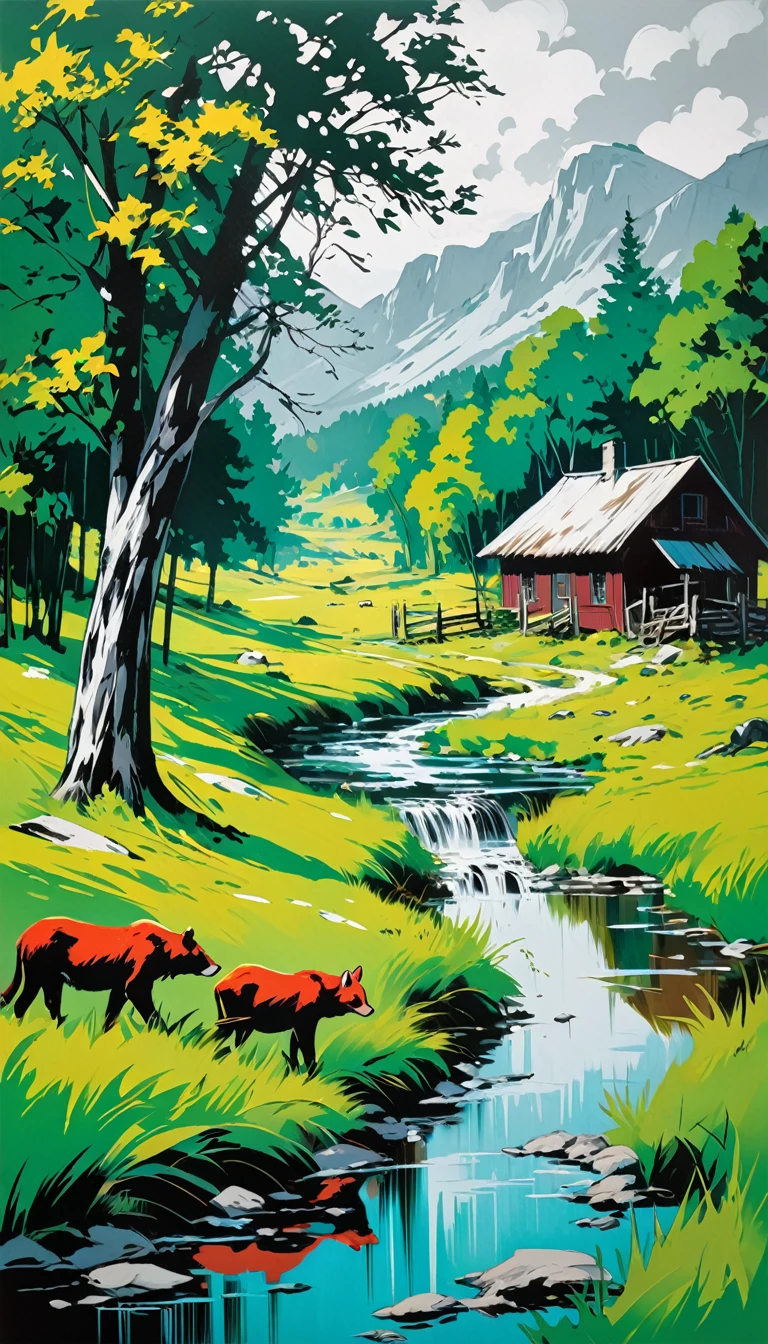 artist by Andy Warhol,inside the village,wild animals,light tones,(smooth strokes),fine sketches,Vivid,Moody,Landscapes,Fantasy,Dark,landscape oil painting, red and green colors