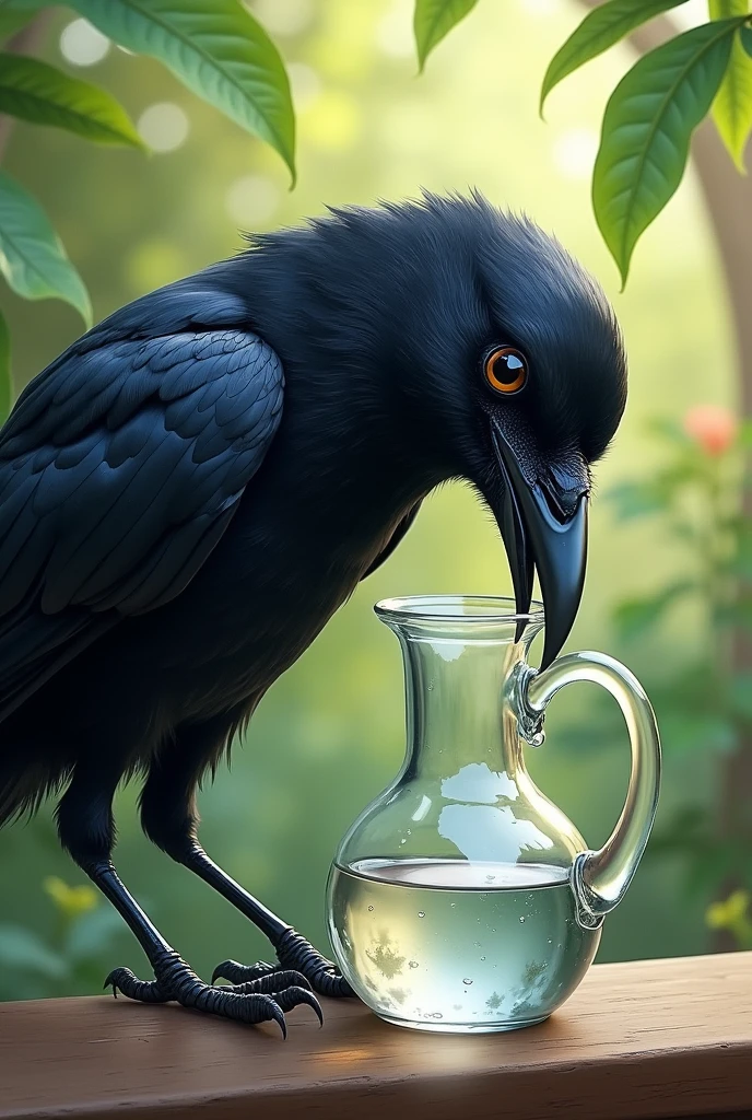 Crow trying to drink water from jug but failed