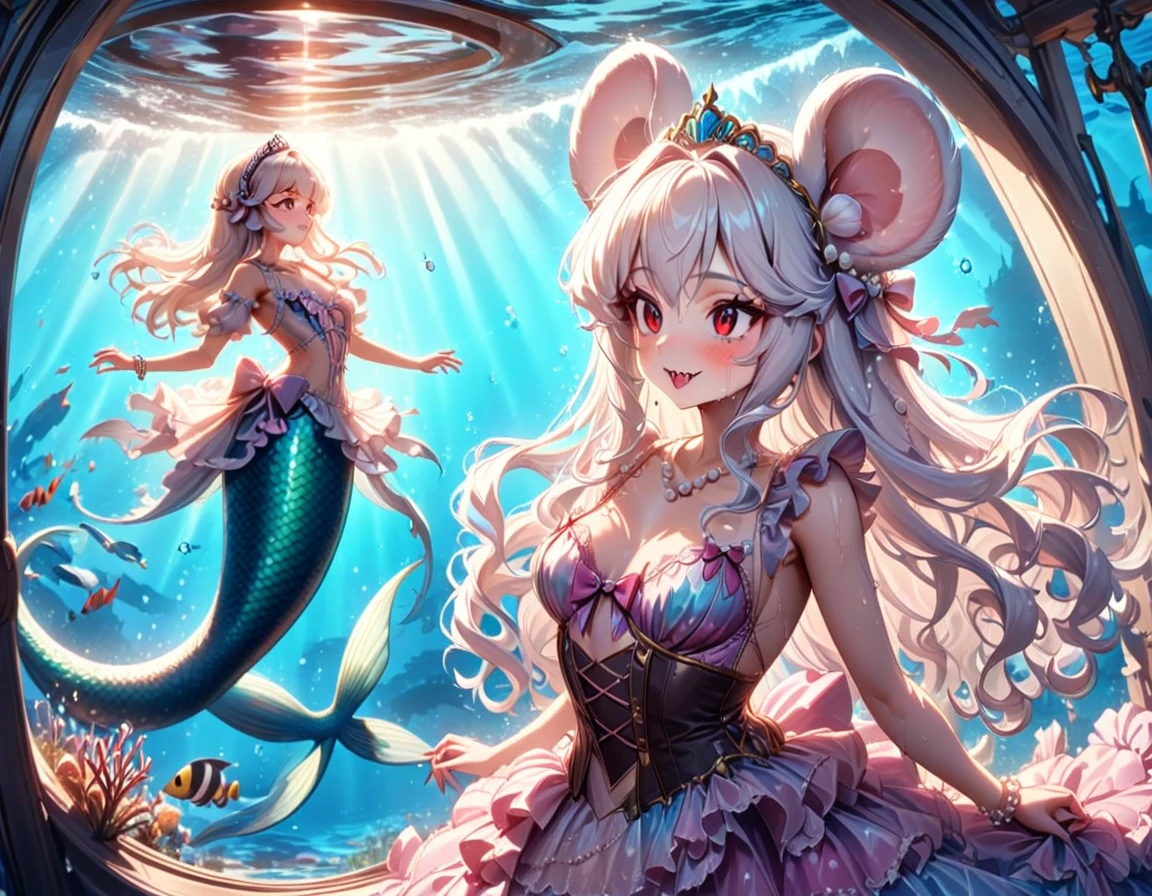 (best quality,4k,8k,highres,masterpiece:1.2),ultra-detailed, drawn in anime style, Pretty anthropomorphic albino mouse girl magically transformed into a beautiful mermaid princess, race swap, fantastic transformation, sharp teeth, beautifully detailed lips with lipstick, she’s smiling, steampunk, fishlike, wet body, very long curly white hair adorned with hair accessories, red eyes with long eyelashes, white fur, slim body, red manicured nails, whiskers, mouse ears with pearls hanging from them, long mermaid tail below waistline with shimmering cyan fish scales, pelvic and dorsal fins, a pair of fish gills on her torso, highly detailed seashell bra with intricate patterns, pearl bracelets, pearl necklace, tiara made of seashells, cute princess dress, physically-based rendering,gorgeous frilly dress design,flowing gown,elaborate details,rich textures,contrast stitching,delicate ribbon bows,fish scales accents, translucent skirt,fitted waistline,lace-up back,luxurious fabrics,flawless silhouette, joyful expression, sparkling water, water reflections, ethereal atmosphere, subtle glow, whimsical and enchanting, , underwater castle interior, intricately decorated throne room, magical underwater lighting, vivid colors, breathing underwater, endless ocean depths, light filtering through the water, Highly detailed, masterpiece, high quality, 4K.