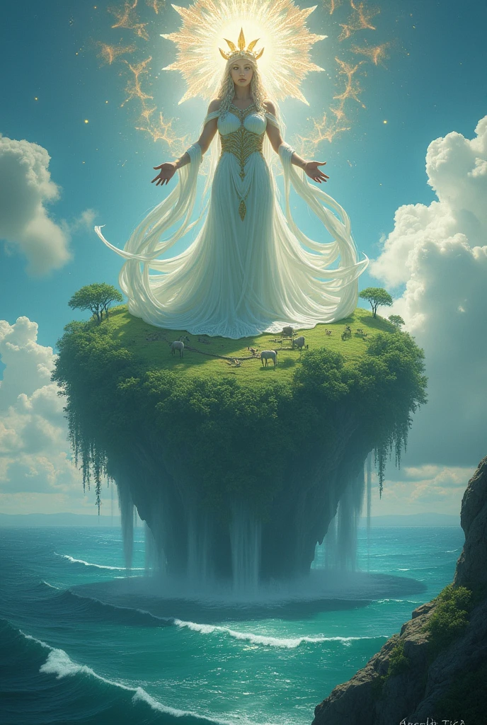 The god Giaa is above the sea, holding up a vast and fertile world.