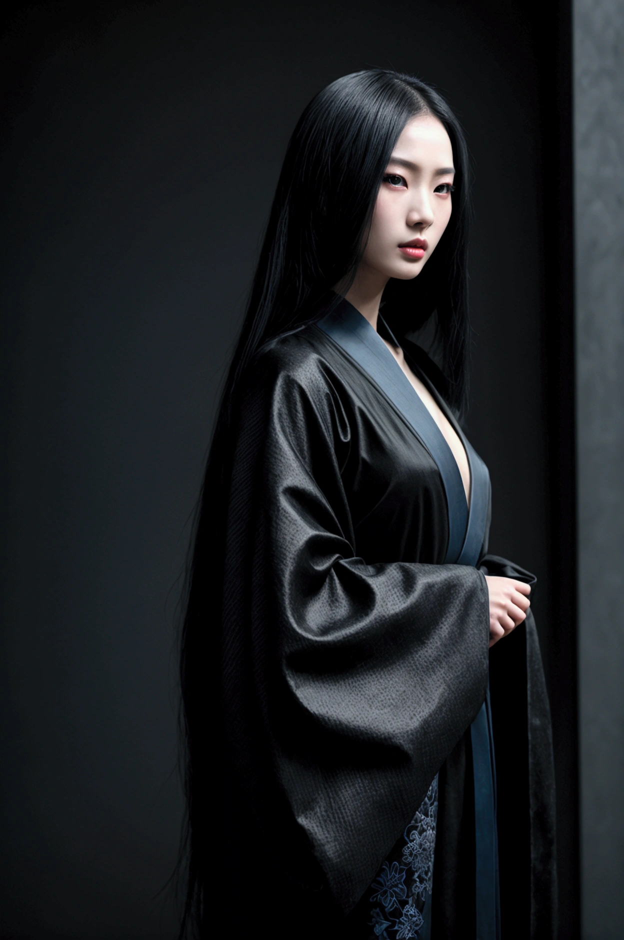 dark techno, cyberpunk,「Realistic image of a Asia Model She is elegant, pale, Perfect and long skin, Flowing black hair that blends with the surrounding shadows. Her kimono is exquisite and meticulous down to the last detail.., dark, Relaxing dark blue and black tones, Exquisitely decorated, Negative patterns that indicate a connection to the supernatural.