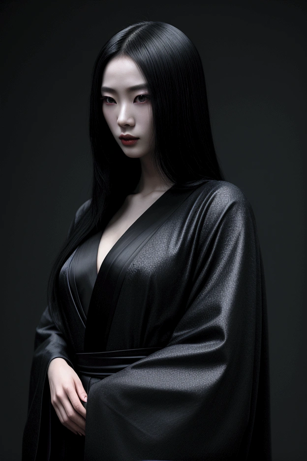 dark techno, cyberpunk,「Realistic image of a Asia Model She is elegant, pale, Perfect and long skin, Flowing black hair that blends with the surrounding shadows. Her kimono is exquisite and meticulous down to the last detail.., dark, Relaxing dark blue and black tones, Exquisitely decorated, Negative patterns that indicate a connection to the supernatural.