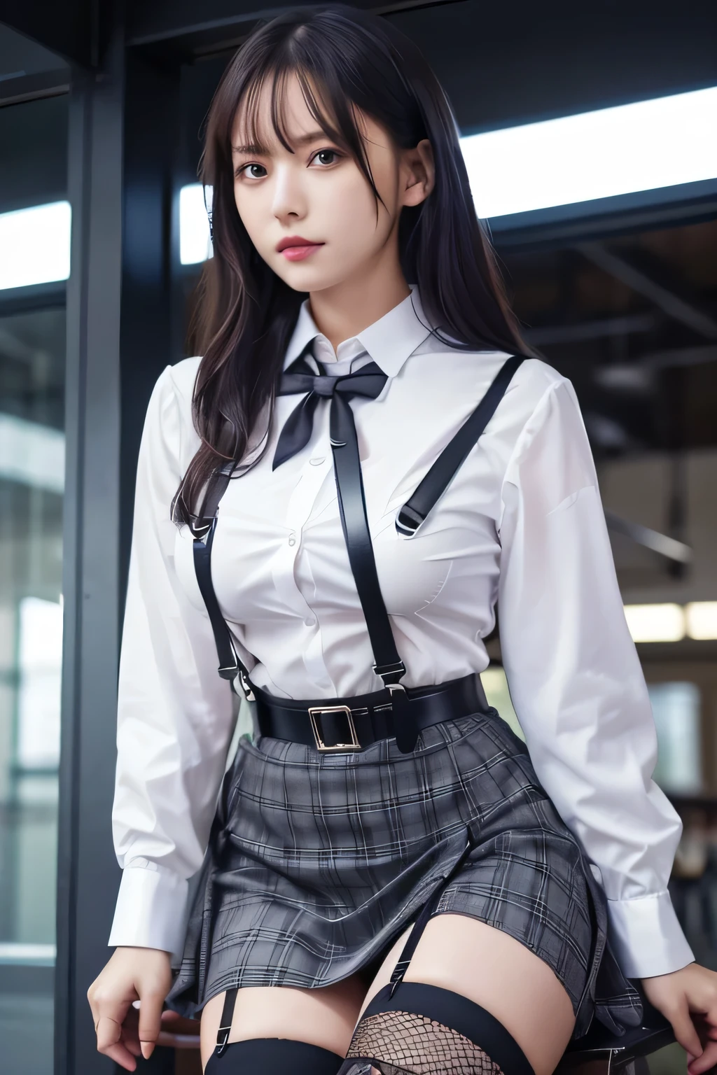 belt, hands behind back, sweating, suspenders, black skirt,　 garter belt, large breasts, see-through clothing, rain, detective, office worker, white button-up shirt, (best quality,4K,8k,highres,masterpiece:1.2),ultra-detailed,(realistic,photorealistic,photo-realistic:1.37),hyper- detailed face and body, Slender　suspenders　　　Nipples　holster　chain　　Armament　criminal　Female criminal　Garter belt on the thigh　Knee-highソックス　Knee-high　Checked fabric skirt