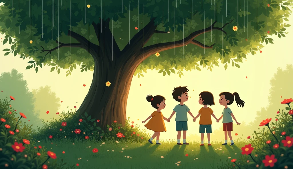Rainy Day Under the Tree**: Illustrate the friends taking shelter under a large tree as rain falls, looking cozy and chatting together.four kids images two girls two boys weather is rainy standing and dancing show flowers and beautiful garden