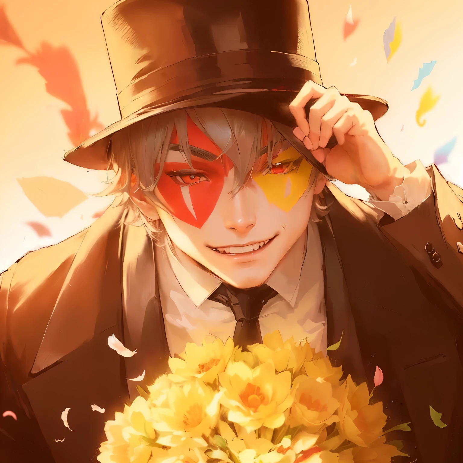 anime character with a hat and a tie holding a bouquet of flowers, he is wearing a top hat, pixiv contest winner, top rated on pixiv, pixiv trending, dapper dream demon, pixiv, anime wallaper, pixiv style, zerochan art, zerochan, trending on pixiv, avatar image, pixiv daily ranking