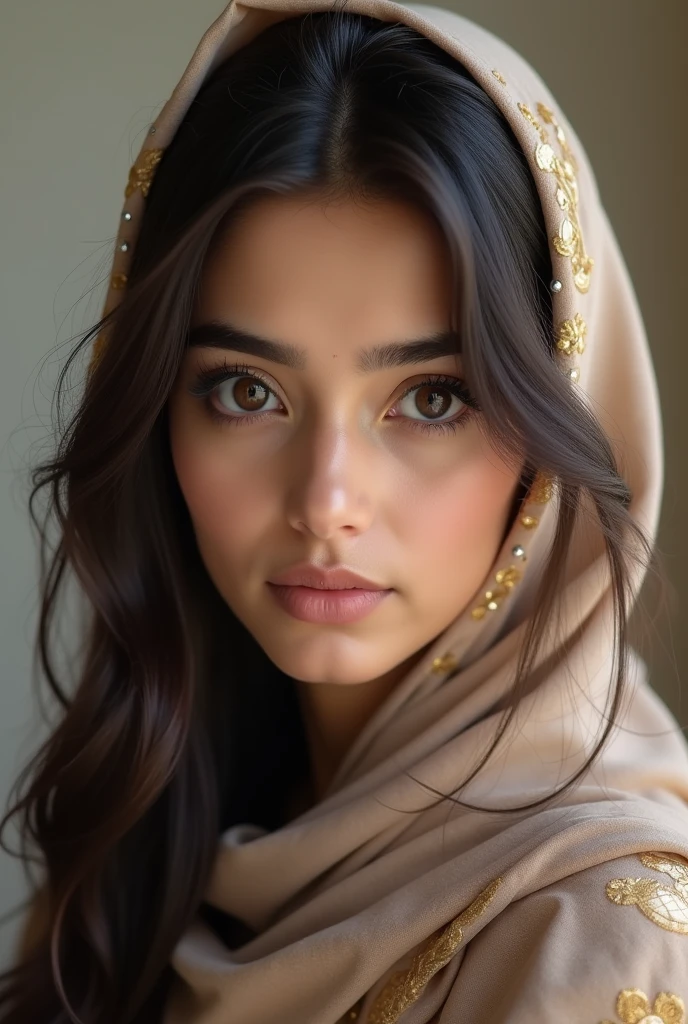 Beautiful eyes big dark brown eyes beautiful girl with broad round face long hair muslim girl having dupata on head