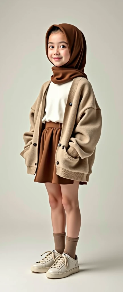 Best quality, masterpiece, ultra high resolution (photorealistic: 1.4), raw photo, 1 girl, cute and adorable girl, age girl, wearing brown hijab, oversized beige cardigan, white shirt, brown miniskirt, brown socks, sneakers, in a photo studio