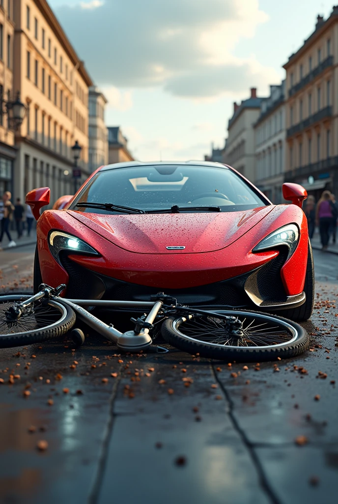 A red car crashed by bike